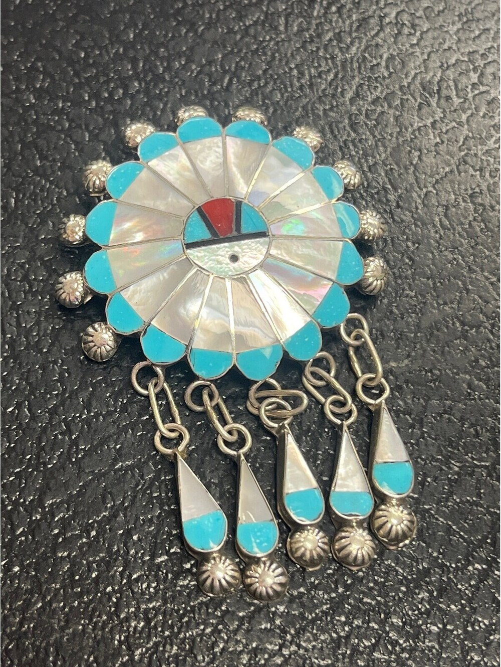 Zuni handmade sterling silver turquoise sunface pendant/pin